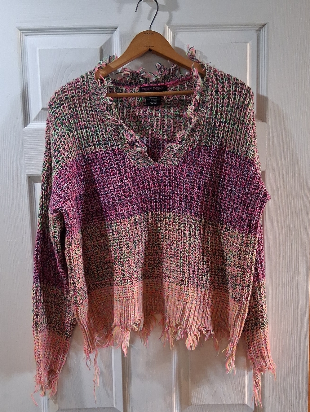Women's Pink Multicolor Distressed V-Neck Sweater
